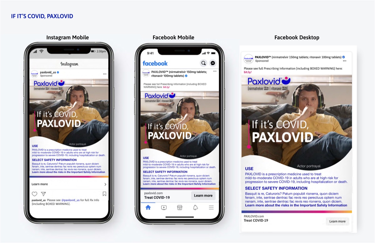 Paxlovid social media campaign: Instagram Mobile, Facebook Mobile, and Facebook Desktop ad mockups with 'If It's COVID, Paxlovid' tagline