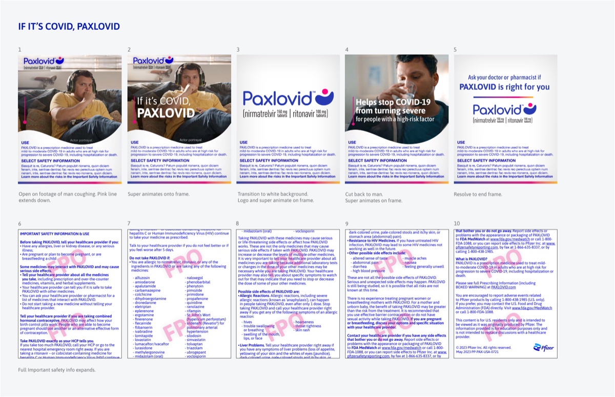 Paxlovid campaign creative variations: five social ad executions with different visual treatments and safety information layout