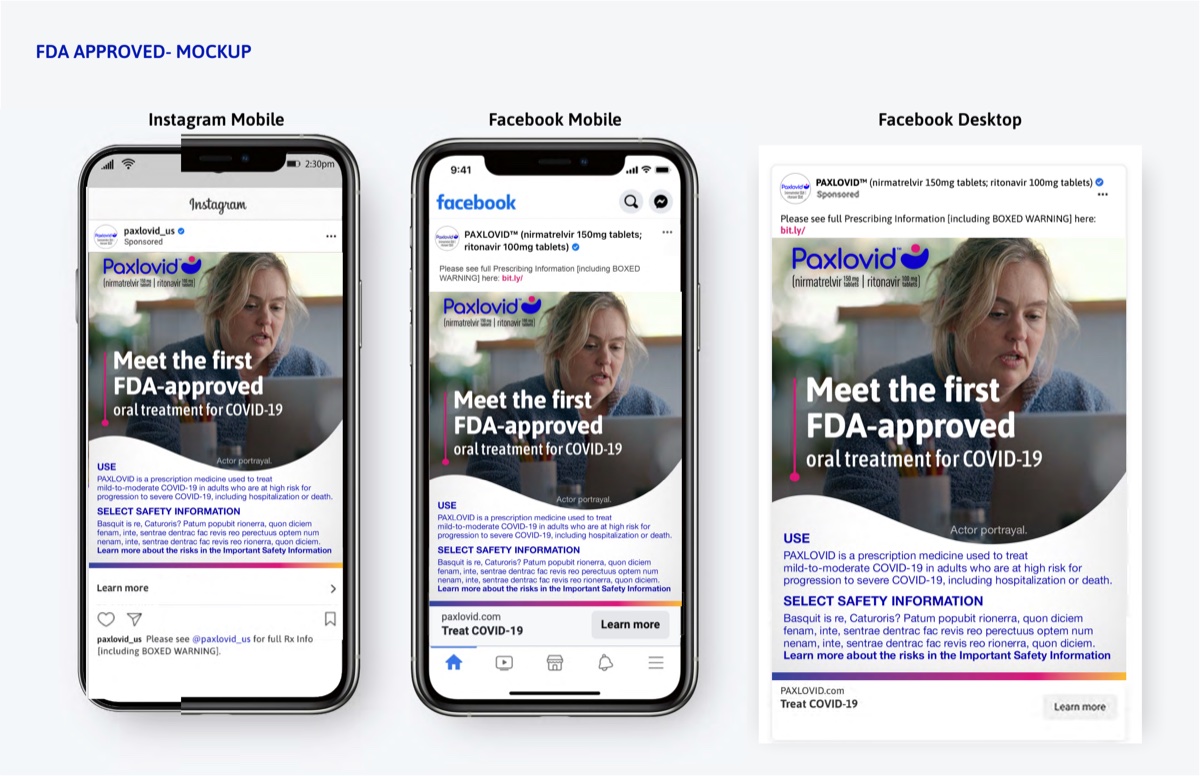 Paxlovid FDA-approved messaging: 'Meet the first FDA-approved oral treatment for COVID-19' across Instagram and Facebook